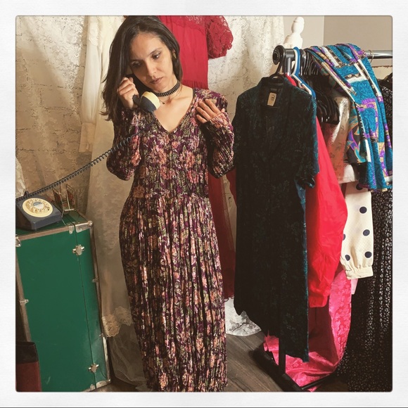 Vintage Dresses & Skirts - 90s Grunge Crinkle Velvet Floral Maxi-Dress